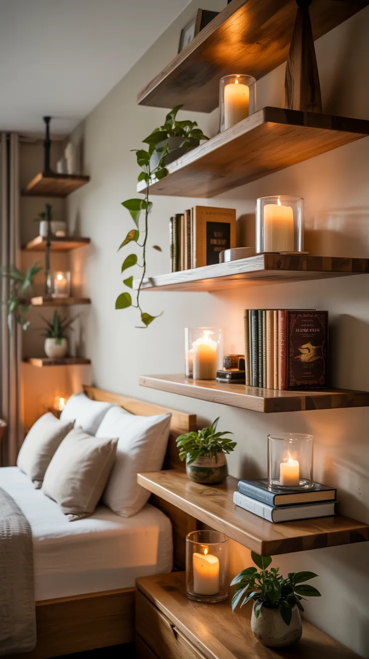  bedroom with floating wood shelves styled with candles, books, small plants, soft lighting, cozy neutral palette
