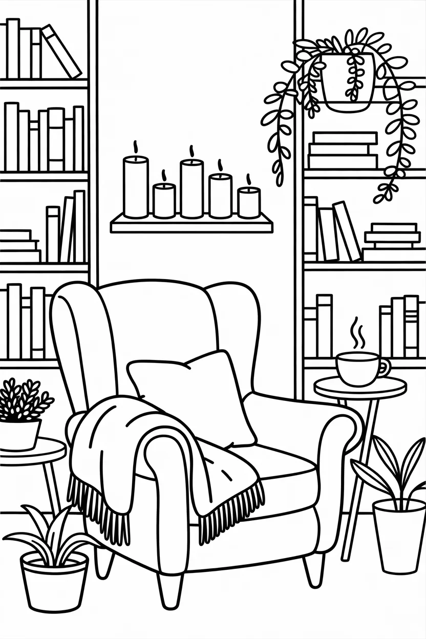Cozy reading nook coloring pages free printable