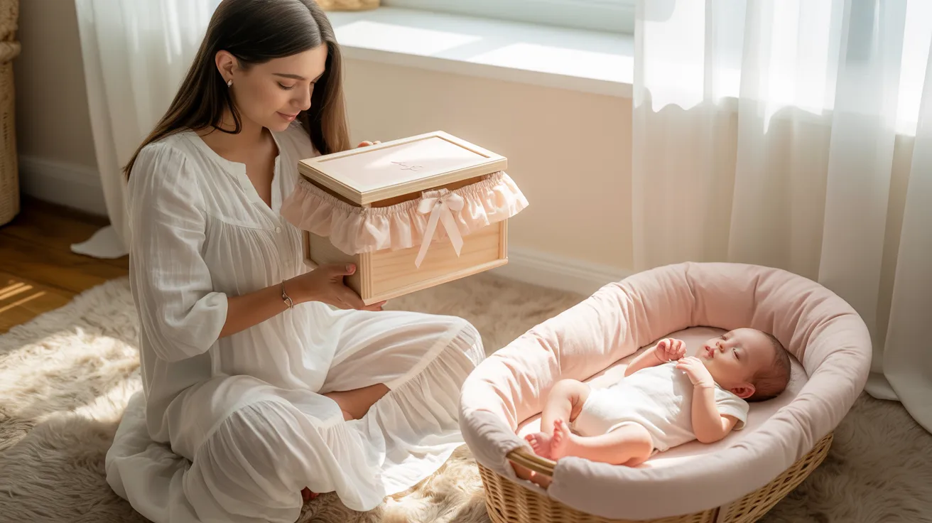 Open personalized wooden baby keepsake box with hospital bracelet, milestone cards and tiny first shoes