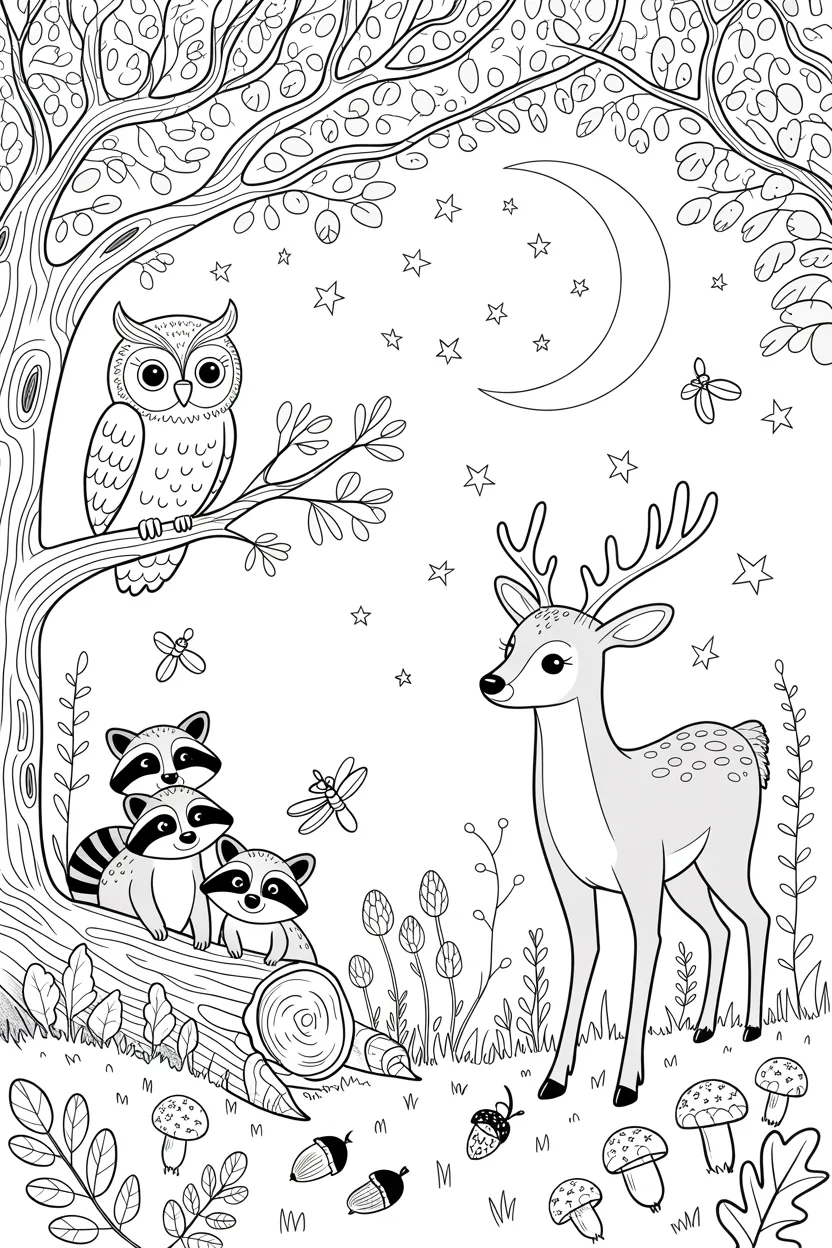 5 forest animals coloring pages night scene free printable