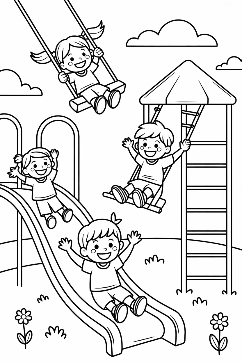 5 Kids playing scene coloring pages free printable