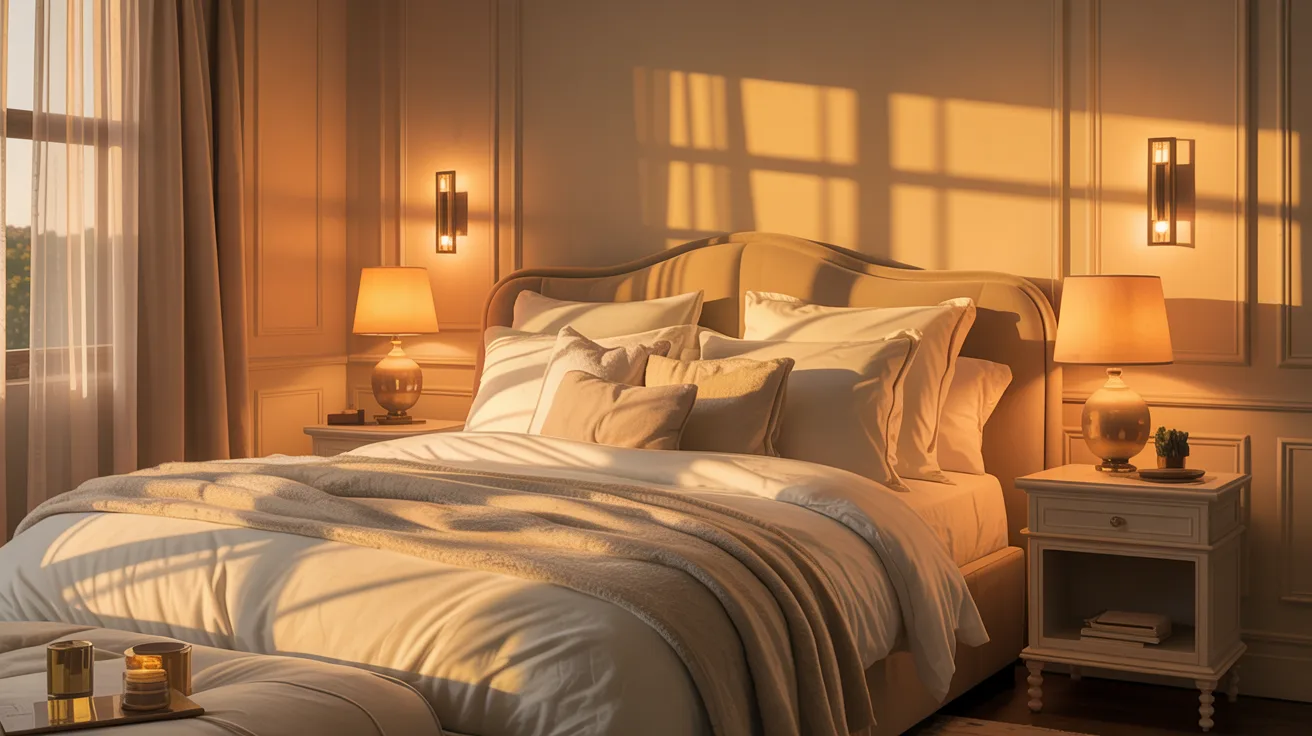A cozy bedroom at golden hour with layered lighting, warm bedside lamps glowing, soft wall sconces, subtle ambient lighting, beautiful bed with textured bedding, intimate and comforting atmosphere, interior design photography, creamy neutral palette, elegant shadows, luxurious but livable bedroom styling