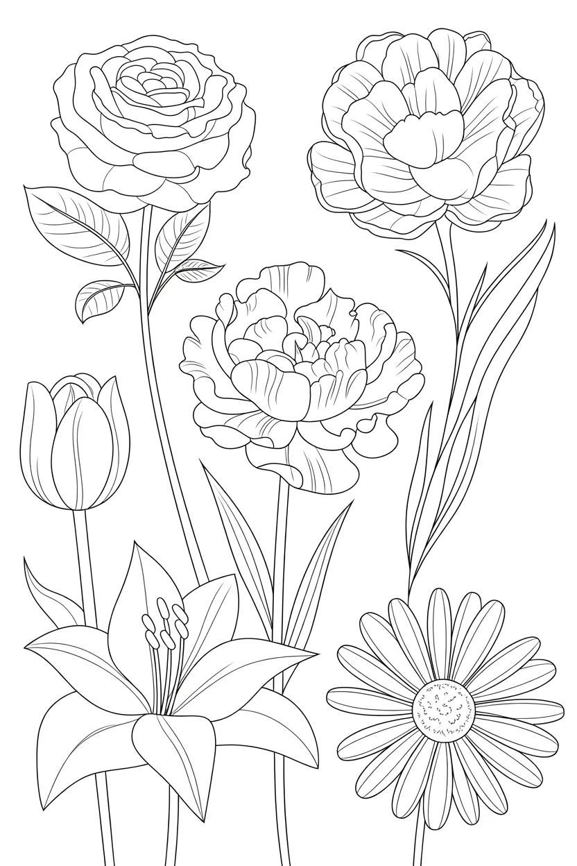 5 flowers coloring pages free printable