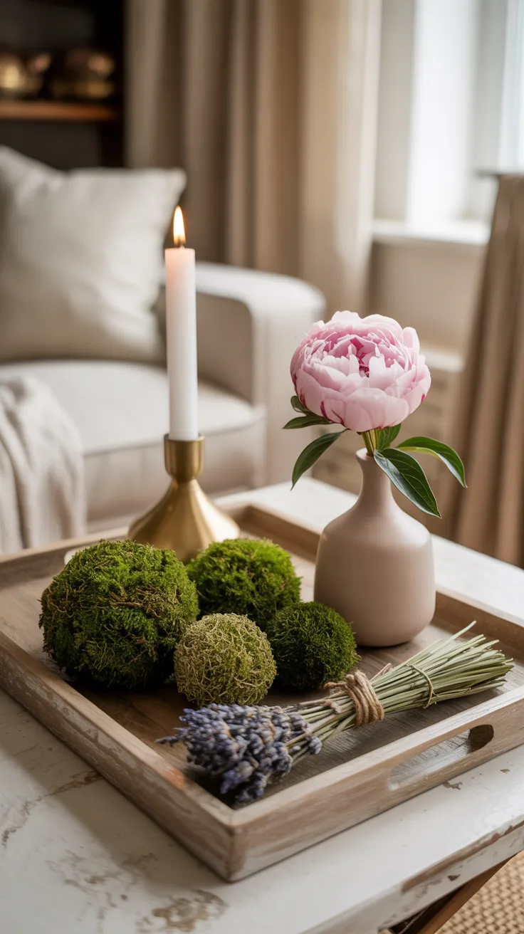 Spring coffee table with natural moss spheres and organic decor elements