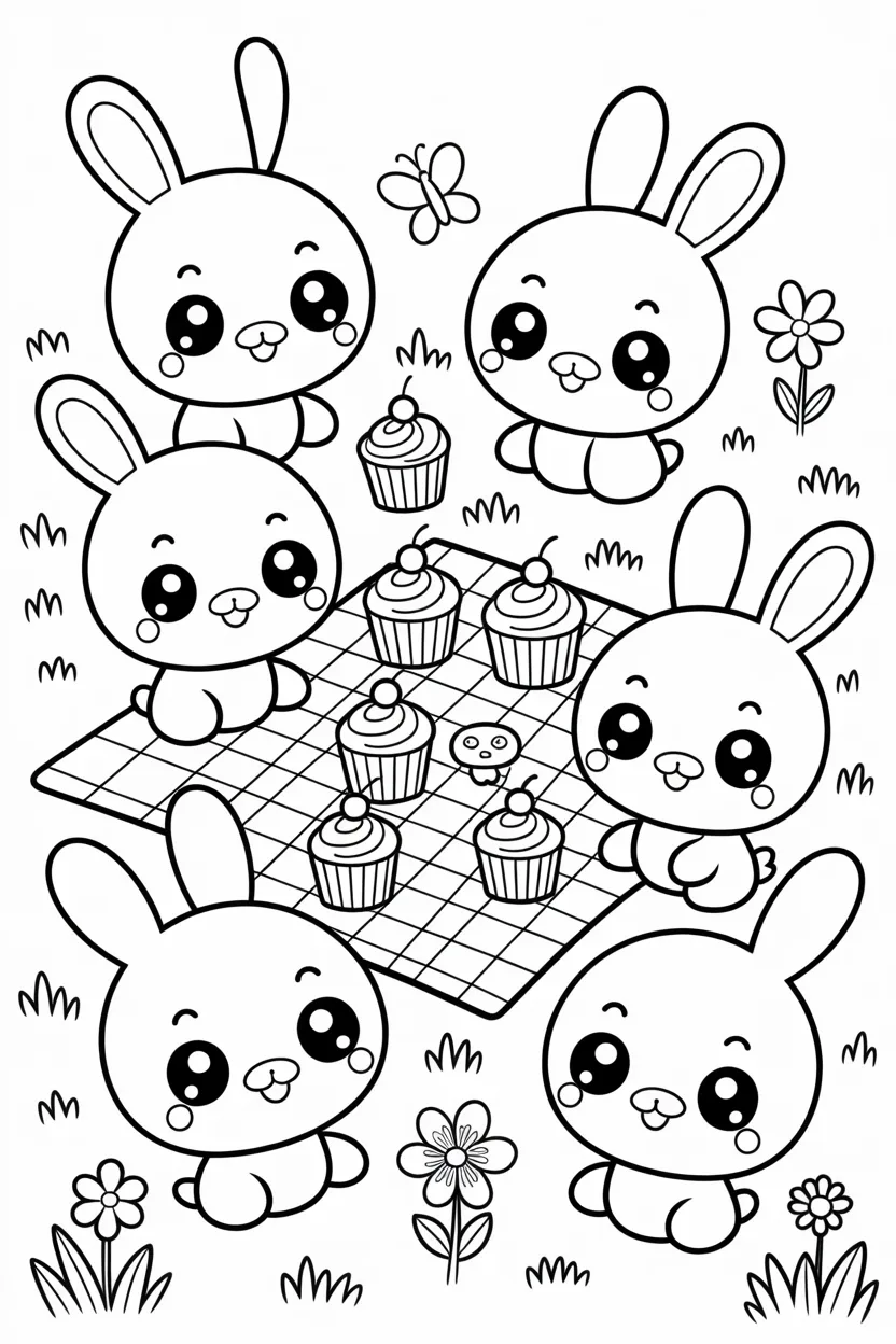 cute kawaii animals picnic coloring pages 