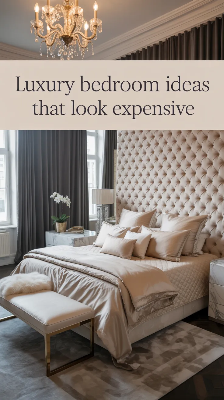 A luxurious bedroom that feels elegant and refined, oversized upholstered headboard, plush layered bedding, large statement chandelier or elegant pendant lighting, tall drapes, bench at foot of bed, soft neutral palette, rich textures, upscale styling, realistic editorial photography, hotel-inspired but warm, expensive-looking without excess