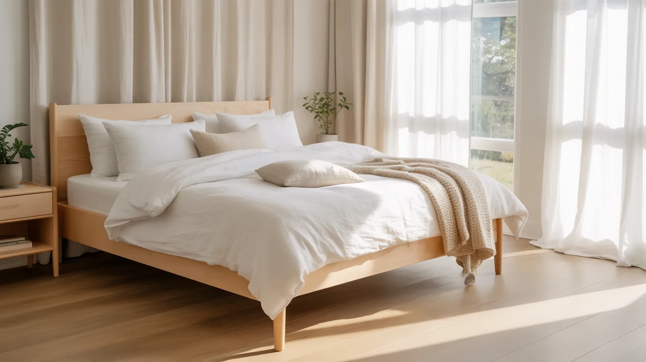 A bright Scandinavian bedroom with soft simplicity, pale wood bed, white bedding, minimal decor, airy curtains, natural light, subtle textures, fresh and calm atmosphere, clean Nordic bedroom styling