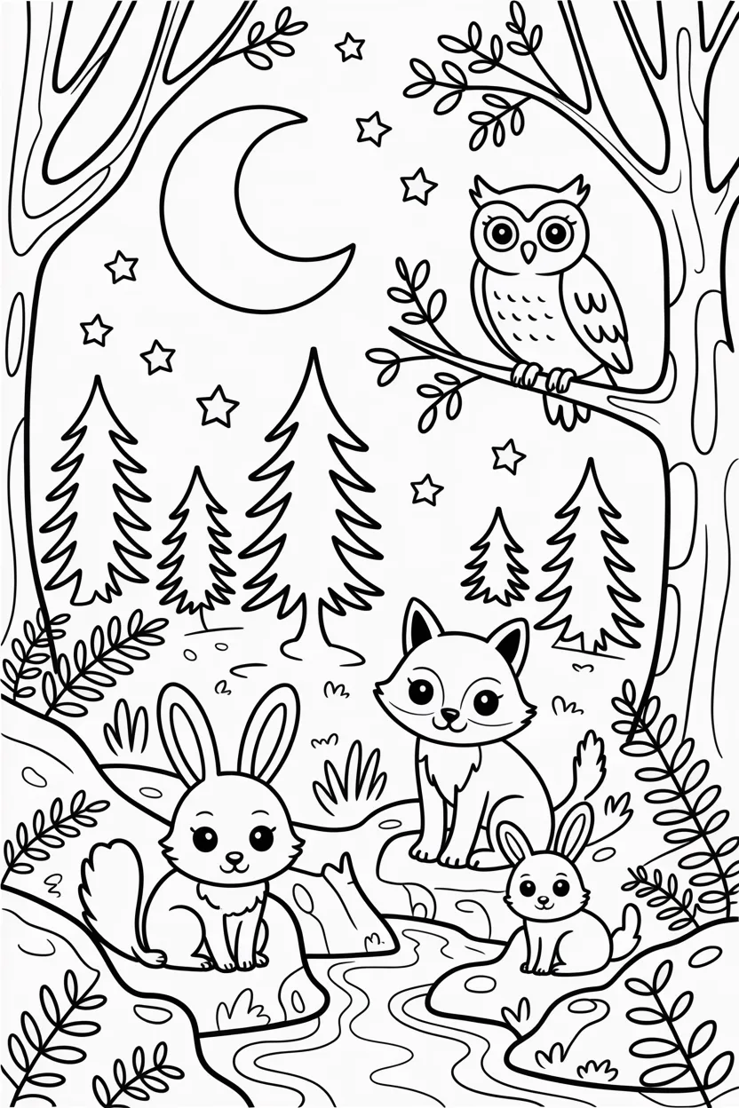 5 forest animals coloring pages night scene free printable
