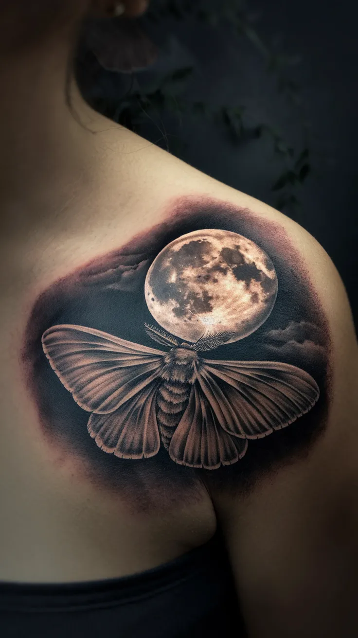 Macro shot of a detailed moth flying toward a full moon tattoo on a woman's shoulder blade. The moth's wings are soft and dusty. Moody, artistic lighting with a soft glow on the moon.
