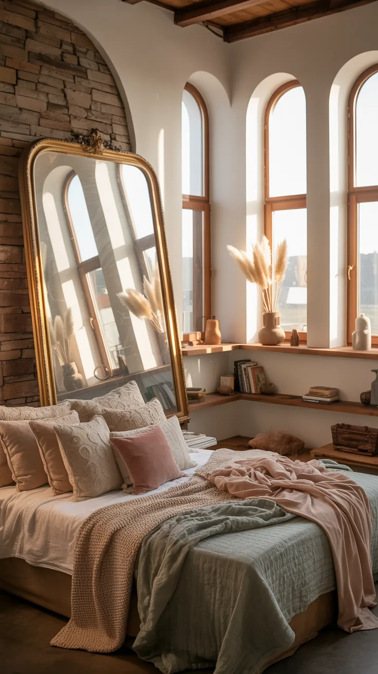  cozy bedroom with large leaning mirror reflecting warm window light, layered bedding, soft neutral decor, airy but intimate atmosphere