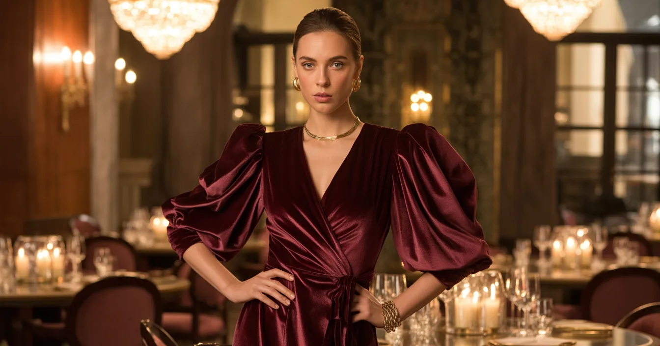 Velvet Wrap Dress with Statement Sleeves