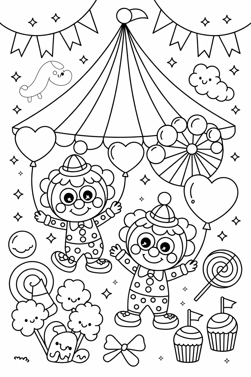 Kawaii circus scene coloring pages