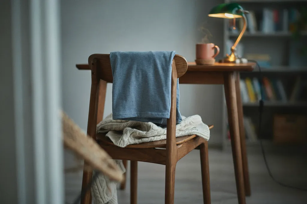 A soft cotton tee folded over the back of a wooden chair beside a desk in warm lamp light, with a knitted throw on the seat and a mug on a cork coaster