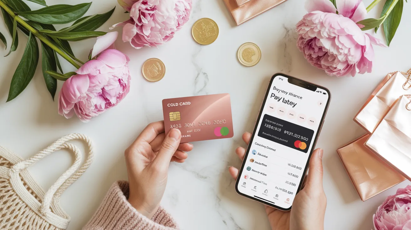 Feminine flat lay with smartphone, credit card, peonies, and shopping bags on marble — comparing apps like Affirm for buy now pay later 2026