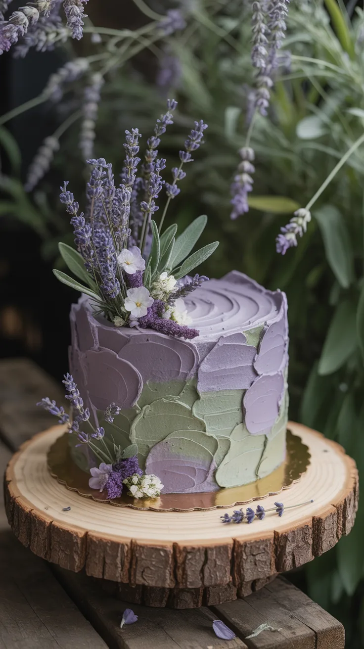 Lavender and sage garden birthday cake with textured buttercream and dried lavender sprigs