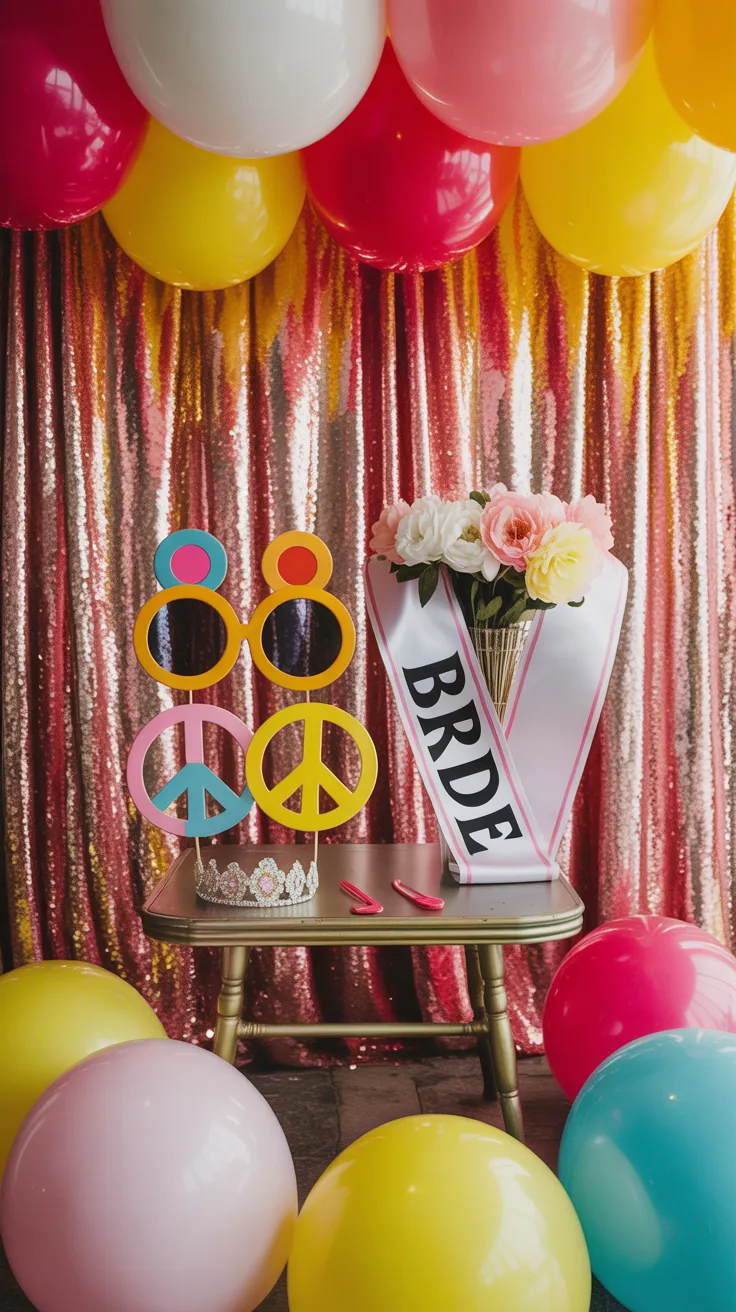 Retro 60s mod bachelorette party photo booth backdrop with oversized sunglasses and peace sign props