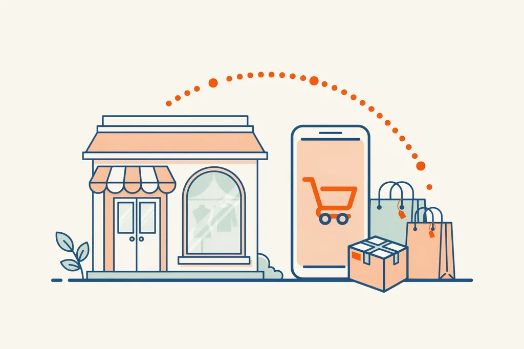 Illustration of a boutique storefront connected to a smartphone with a shopping cart, showing store-to-online flow