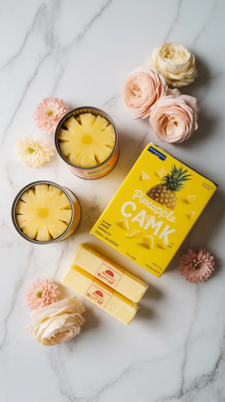Overhead flat lay of pineapple dump cake ingredients on white marble