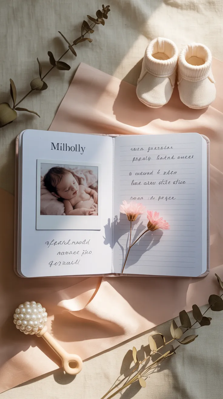 Baby shadow box on nursery wall containing newborn onesie, hospital ID bracelet and footprint