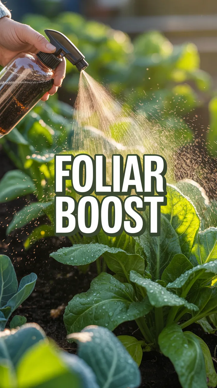 Spray bottle applying diluted worm casting tea to leafy vegetables as a foliar feed.