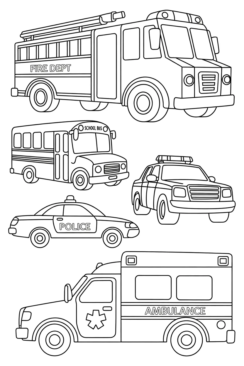 5 Vehicles coloring pages free printable