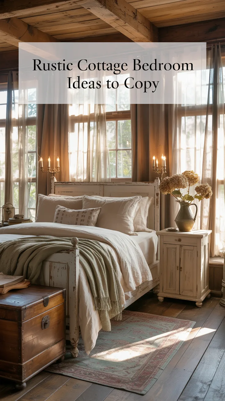 A cozy rustic cottage bedroom,  soft cream bedding, weathered wood furniture, vintage accents, warm woven textures, subtle floral or cottage details, airy curtains, natural light, old-world charm mixed with cozy comfort, realistic editorial photography, inviting and layered atmosphere, relaxed countryside elegance, charming and timeless