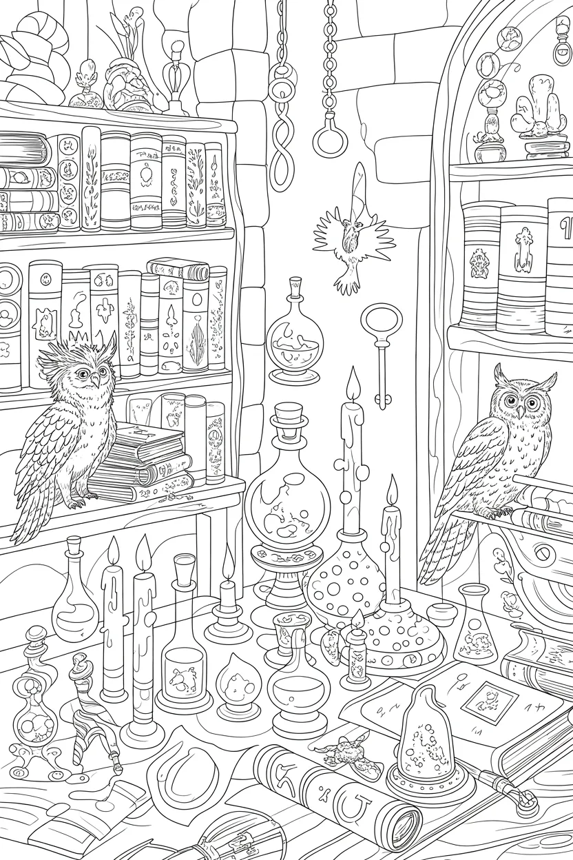 magical wizard study coloring pages
