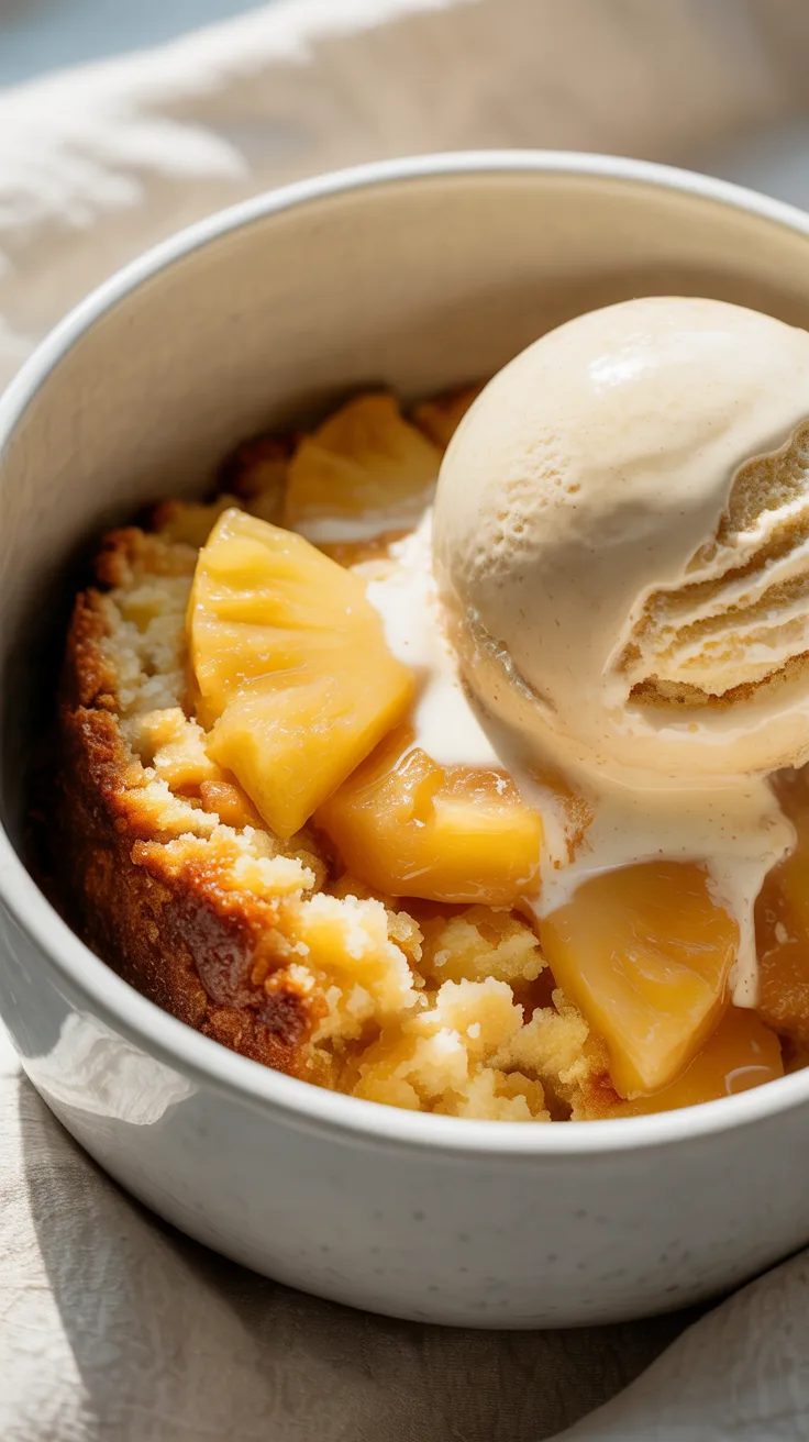 Cozy pineapple upside down cake served with vanilla ice cream on a floral plate