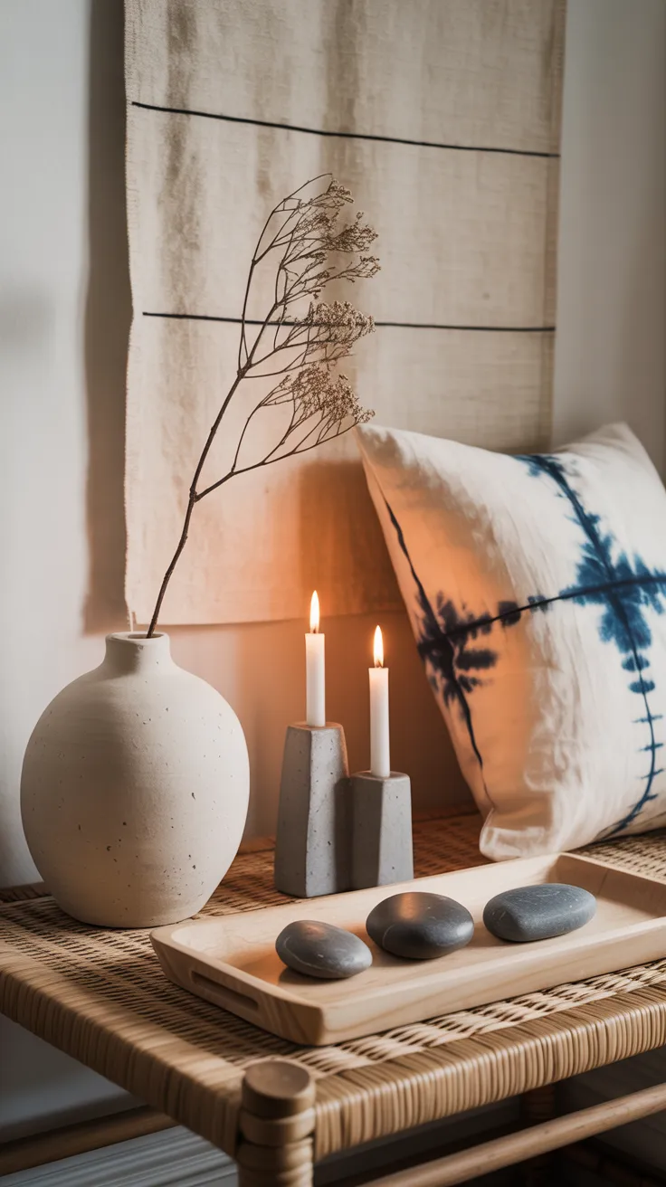 Japandi accent shelf with small bonsai, ceramic ikebana vase with dried grass stems, stone candle holder, and sumi-e brushstroke print in dark wood frame.