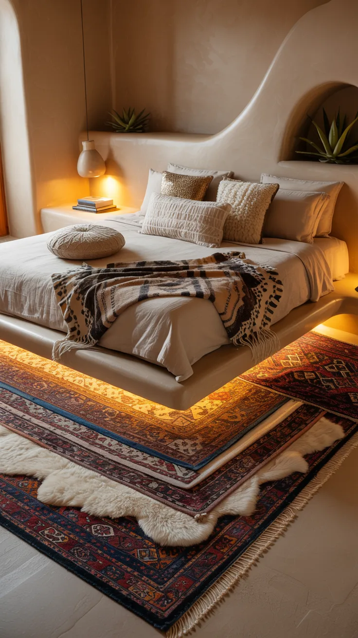 bedroom featuring layered plush rugs under bed, textured throw blankets, warm lighting, inviting and soft aesthetic