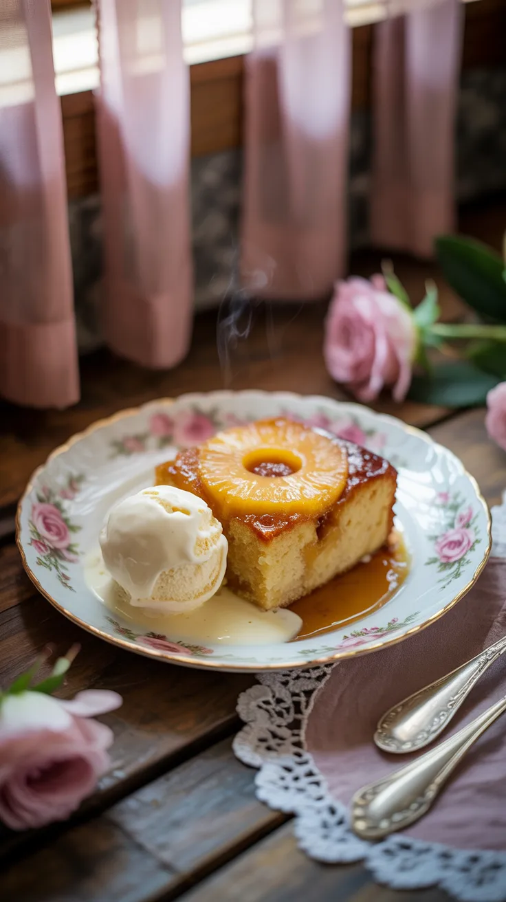 Close-up slice of crushed pineapple upside down cake on a vintage floral plate