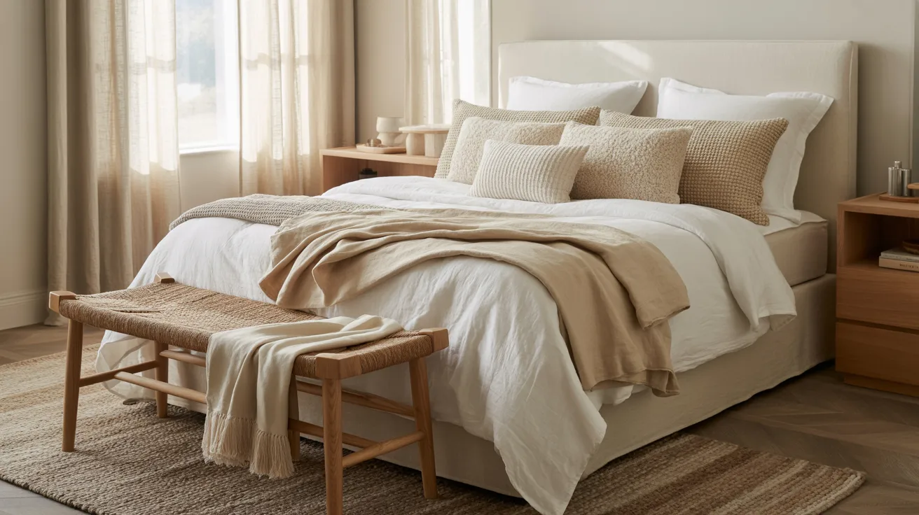 A timeless neutral bedroom focused on texture,  linen duvet, boucle pillows, woven bench, plush rug, natural wood, soft drapery, cozy elevated atmosphere, rich tonal styling without bold color, premium designer aesthetic