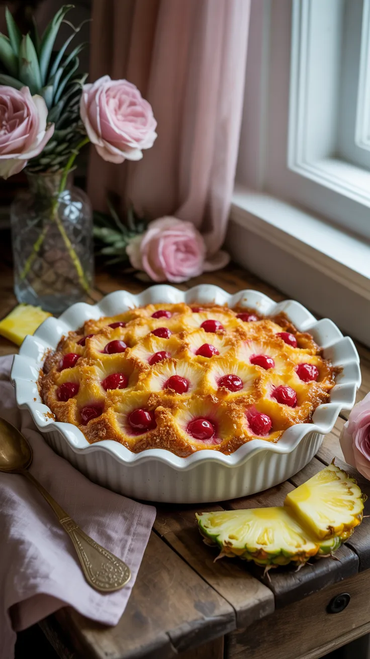 Pineapple upside down cake on a white pedestal cake stand in a bright airy kitchen