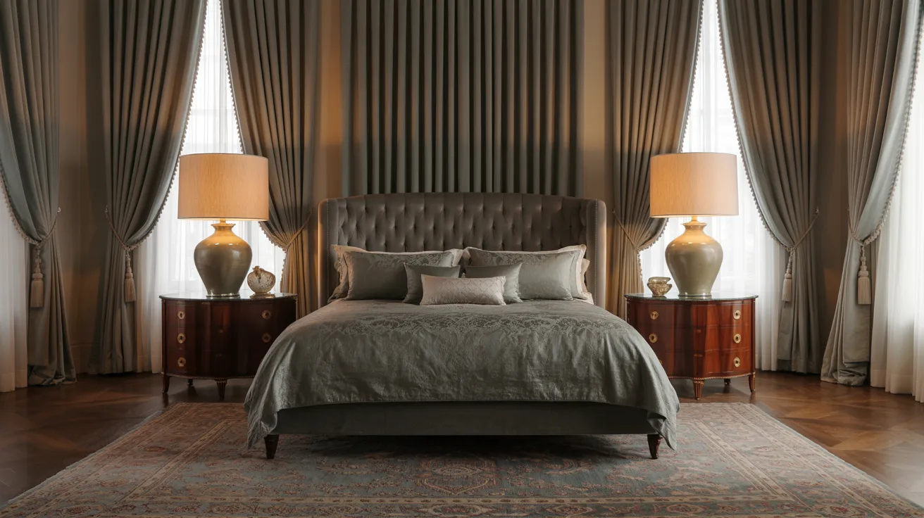 A sophisticated luxury bedroom with larger-scale design elements, tall curtains, oversized lamps, large rug, substantial nightstands, grand upholstered bed, refined palette, polished and elegant composition, high-end but calm