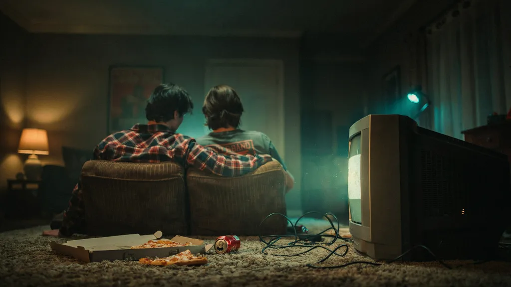Two out-of-focus silhouettes sitting close on a sagging couch in a dark living room, leaning toward the glow of a boxy tube television