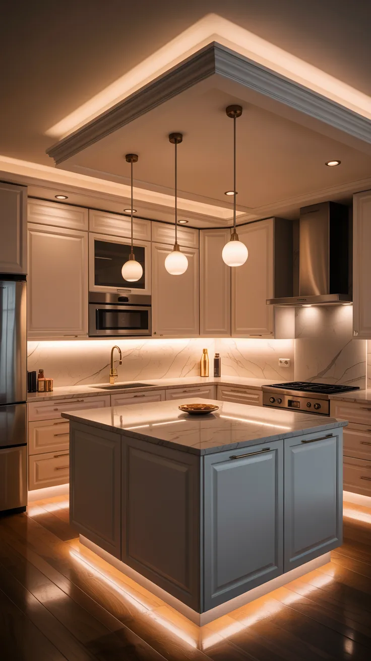 A luxurious modern kitchen interior with warm ambient lighting. The kitchen features a large central island with a light gray cabinet base and white marble countertop. The perimeter cabinets are painted in a light beige color with raised panel doors. Three white globe pendant lights hang from the ceiling above the island. The ceiling has crown molding with hidden LED cove lighting creating a warm glow along the perimeter. Under-cabinet LED lighting illuminates the white marble backsplash. A stainless steel refrigerator stands on the left side, and a built-in microwave is installed in the upper cabinets. The kitchen has hardwood flooring in a dark brown finish. A stainless steel range hood is mounted on the right wall, with a gas cooktop below it. The overall color scheme consists of beige, gray, and warm white tones, with accent lighting creating a cozy, golden ambiance throughout the space.