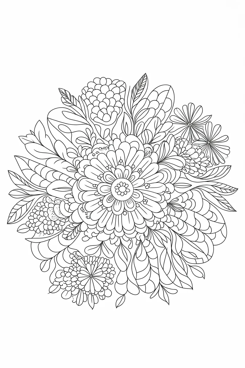 5 circular flower mandala, stress-relief coloring page free printable