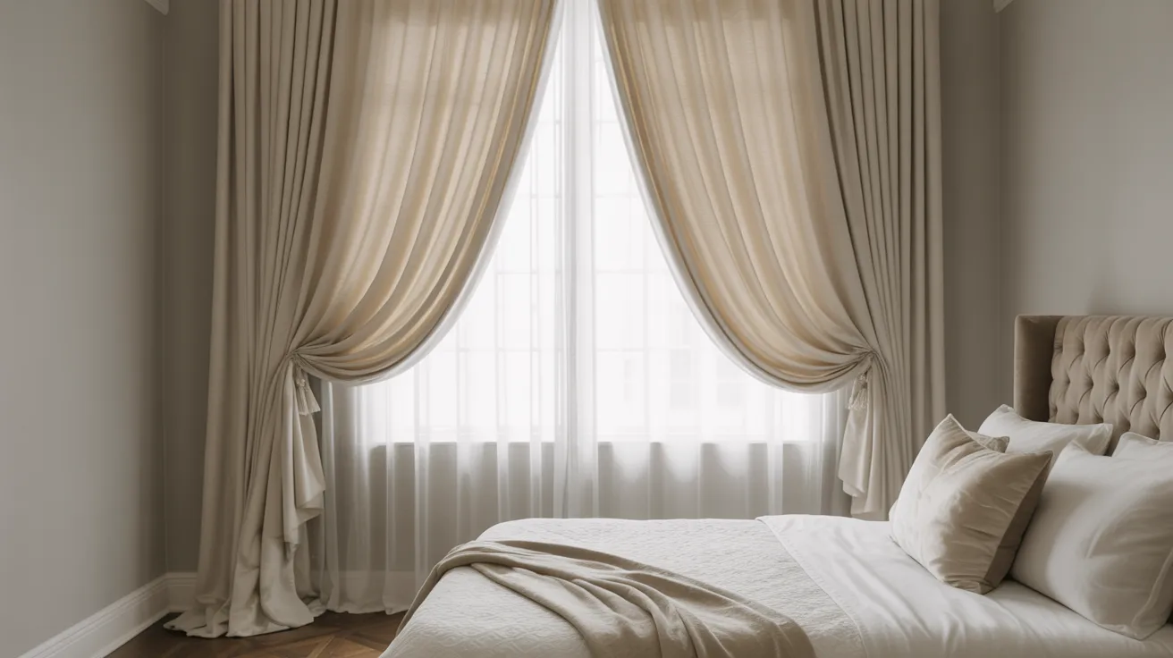 A sophisticated bedroom with high, wide curtain placement, tall soft drapes framing a window, airy natural light, elegant bed styling, neutral palette, visually taller room with refined professional interior design look