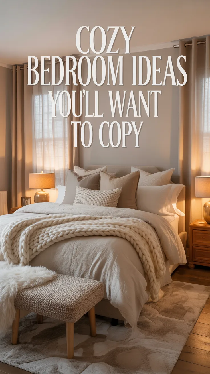 A dreamy cozy bedroom in warm neutral tones, thick layered bedding with linen duvet and knit throw blanket, oversized pillows, warm bedside lamps glowing, boucle bench, plush rug, soft beige curtains, wood nightstands, creamy walls, subtle morning light, inviting lived-in styling, luxurious texture everywhere, realistic interior photography, warm and calming, feminine but timeless