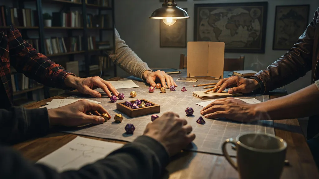 Six people seated around a wooden table mid session in a warm basement game room, a low brass pendant lamp over a battle map, polyhedral dice and paper on the table, framed map on the wall behind