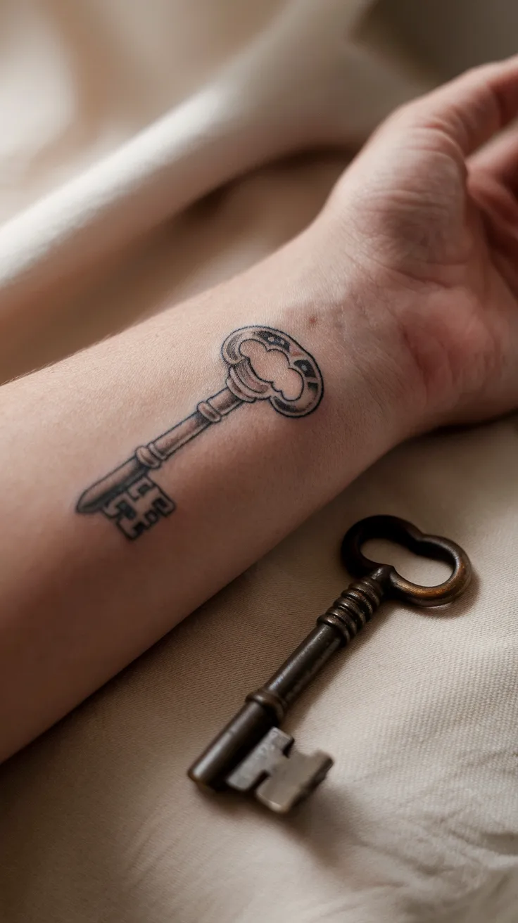 Macro shot of a key tattoo on a woman's forearm, where the handle of the key is shaped like a detailed crescent moon. The hand rests near a real antique key. Sharp focus, soft background light.