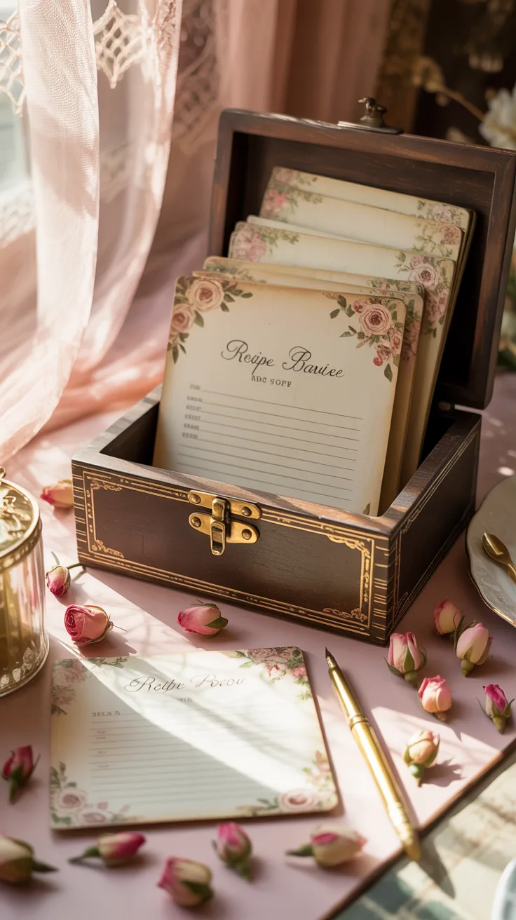 Retro bridal shower recipe card station with floral stationery and decorative recipe box