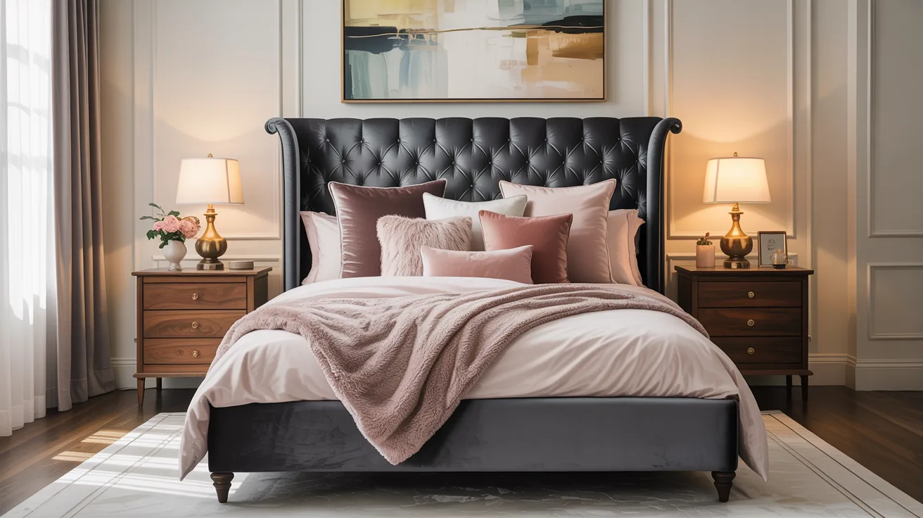 A stunning aesthetic bedroom with the bed as the dramatic focal point, oversized upholstered headboard, layered designer bedding, balanced pillows, matching nightstands, elegant lamps, large art above the bed, airy natural light