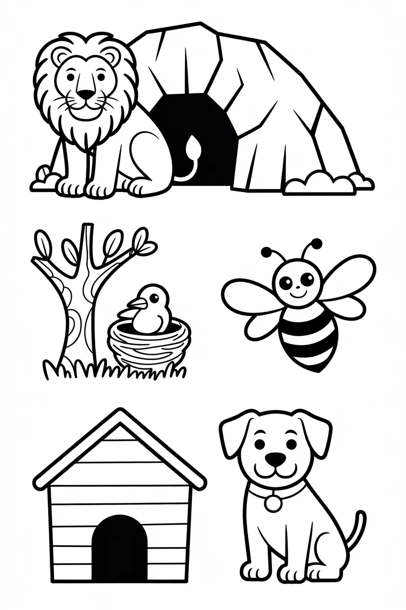 Animal Homes Coloring Pages Kids Printable Worksheet