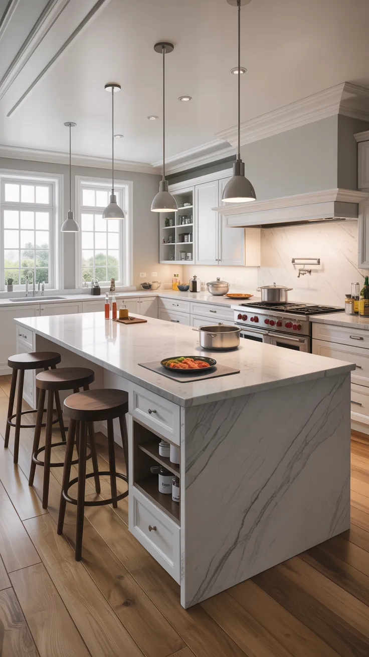 A modern luxury kitchen interior with a large white marble island featuring gray veining. The island has a white quartz countertop and is equipped with built-in storage drawers. Three dark brown wooden bar stools with round seats are positioned at the island. The kitchen has white shaker-style cabinets with silver hardware and a white marble backsplash. A professional-grade stainless steel range with multiple burners sits beneath a white range hood. Four gray dome pendant lights hang from the ceiling, which features white crown molding and recessed lighting. Two large white-framed windows with grid panes are positioned on the left wall, allowing natural light to enter. The floor is wide-plank hardwood in a warm brown tone. Various kitchen items are scattered across the island, including a black cutting board with red peppers, cooking utensils, and small decorative items. The walls are painted in a light gray color, and the ceiling is white with subtle architectural details. The overall design combines contemporary and traditional elements with a neutral color palette.