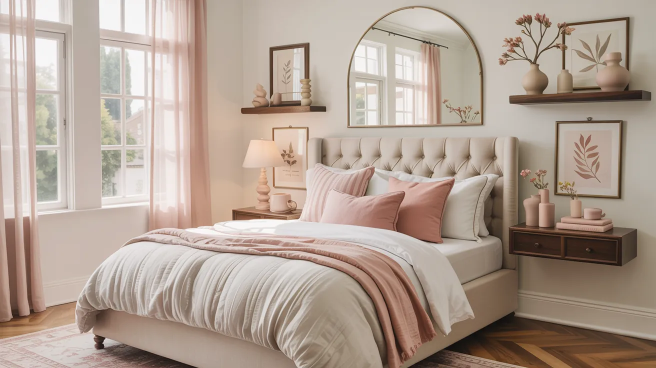 A perfectly curated aesthetic bedroom with a soft, feminine, neutral mood, creamy bedding, blush and beige accents, an arched mirror, framed art, sculptural decor, soft natural light, warm wood tones, polished but inviting styling, realistic editorial interior photography, and a beautifully balanced composition.