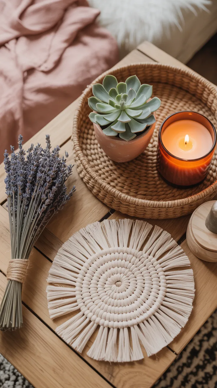 Boho spring coffee table with macrame, terracotta, and dried lavender