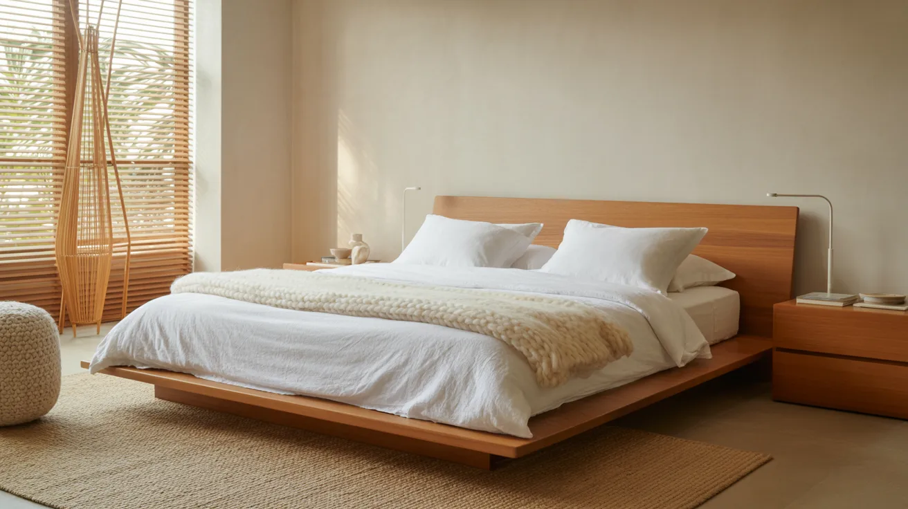 A peaceful high-end bedroom blending Scandinavian and Japandi design principles, warm oak, soft natural textures, minimal styling, clean lines, calm neutral tones, restful and intentional atmosphere, beautiful, serene composition