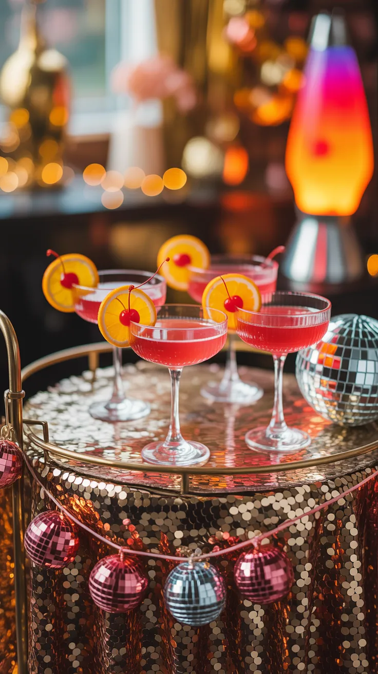 Glamorous 70s disco bachelorette party drinks bar cart with pink cocktails and disco ball garland