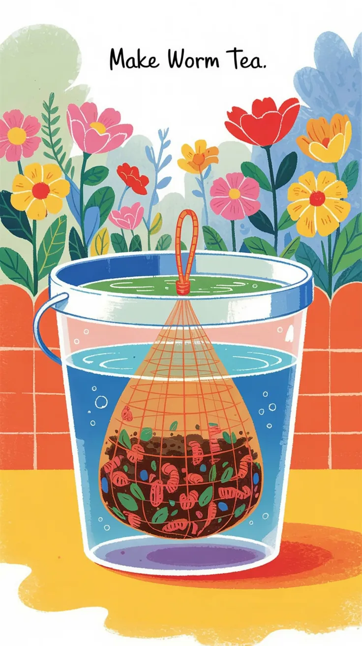 Bucket of water with worm castings steeping to make natural liquid fertilizer for the garden.